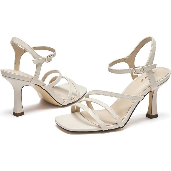 Women’s Stiletto Heels Sparkle Square Toe Ankle Strap Sandals Shoes Beige 8 - Picture 4 of 10